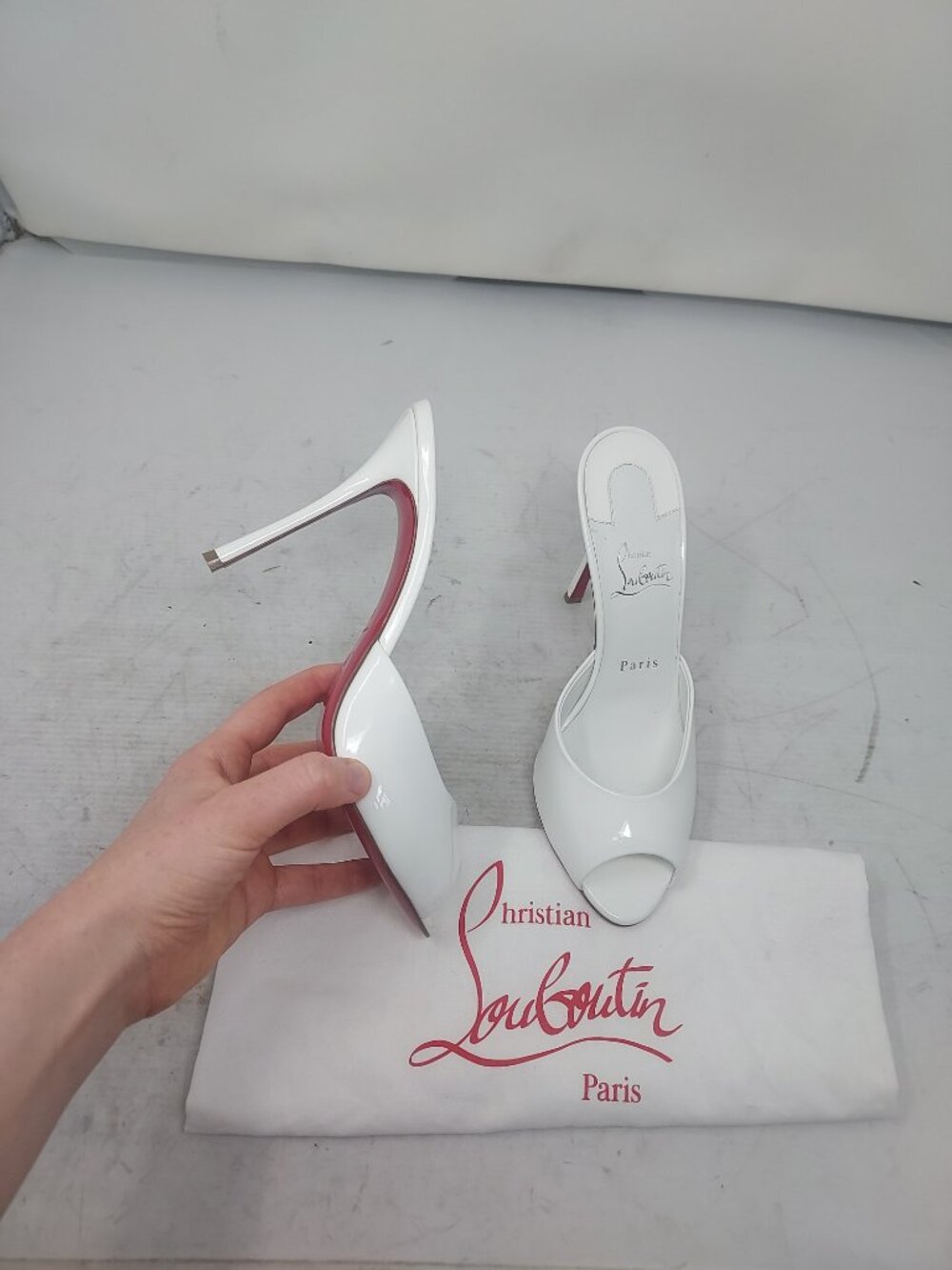 SOLD** CHRISTIAN LOUBOUTIN Me Dolly Patent Leather White Mule Sandal